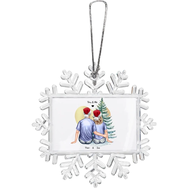 Weihnachtsbaum Ornament Schneeflocke Paar mit Wunschtext personalisiert. Baumschmuck, Baumanhänger. Geschenkanhänger
