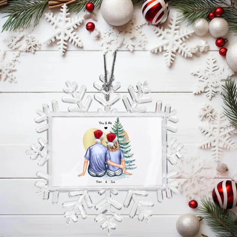 Weihnachtsbaum Ornament Schneeflocke Paar mit Wunschtext personalisiert. Baumschmuck, Baumanhänger. Geschenkanhänger
