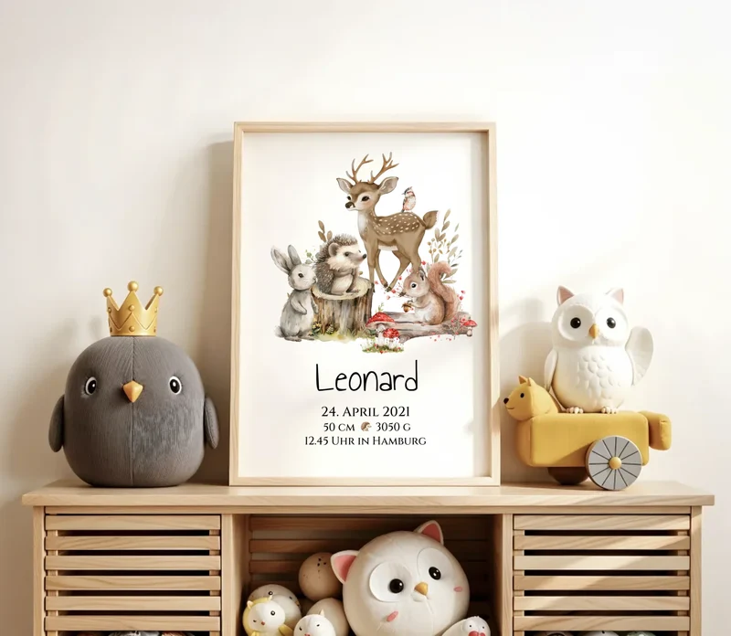 Personalisiertes Kinderposter Geschenk zur Geburt und Taufe | Waldtiere