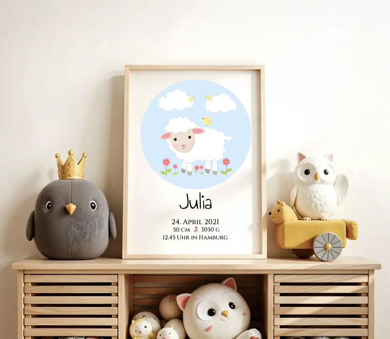 Personalisiertes Schäfchen-Kinderposter mit Geburtsdaten