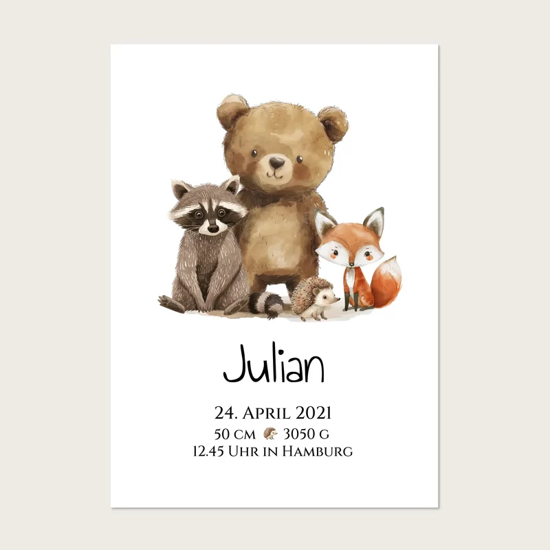 Personalisiertes Kinderposter Geschenk zur Geburt und Taufe - Waldtiere Kinderkissen & Kinderdecke