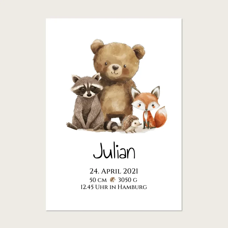 Personalisiertes Kinderposter Geschenk zur Geburt und Taufe - Waldtiere Kinderkissen & Kinderdecke