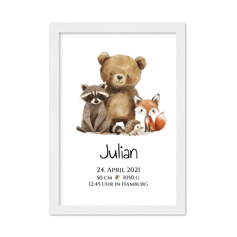 Personalisiertes Kinderposter Geschenk zur Geburt und Taufe - Waldtiere Kinderkissen & Kinderdecke
