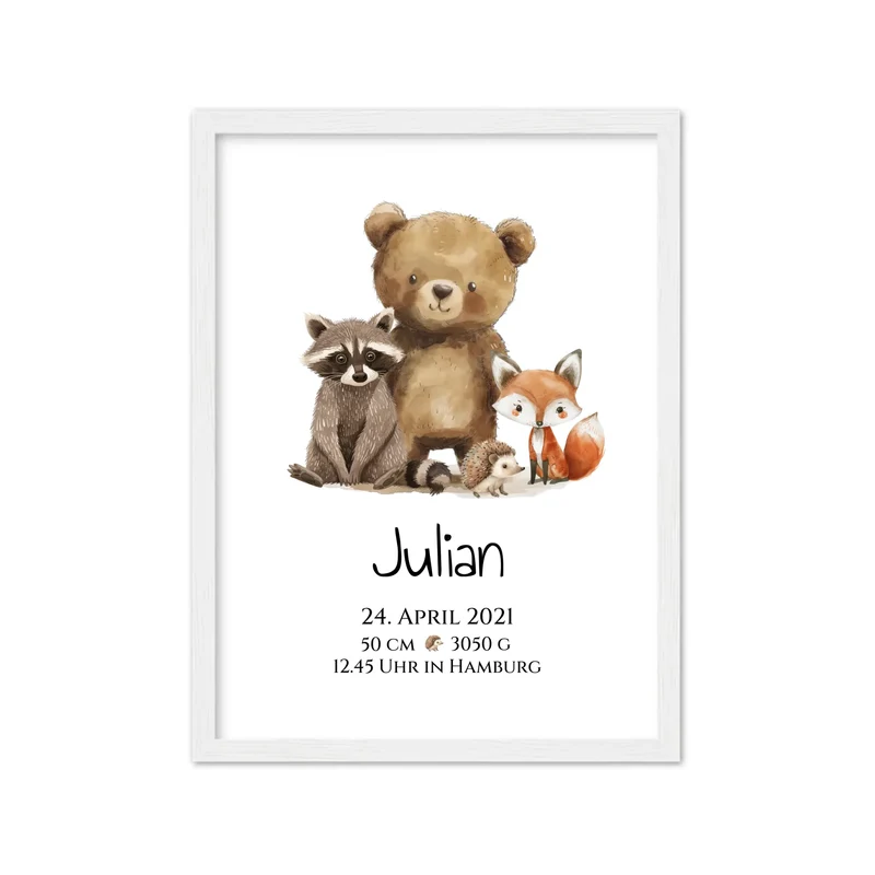 Personalisiertes Kinderposter Geschenk zur Geburt und Taufe - Waldtiere Kinderkissen & Kinderdecke
