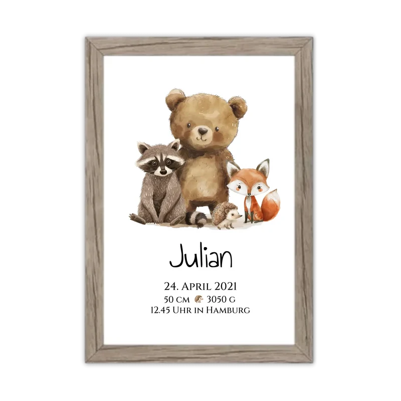 Personalisiertes Kinderposter Geschenk zur Geburt und Taufe - Waldtiere Kinderkissen & Kinderdecke