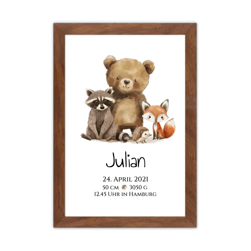 Personalisiertes Kinderposter Geschenk zur Geburt und Taufe - Waldtiere Kinderkissen & Kinderdecke