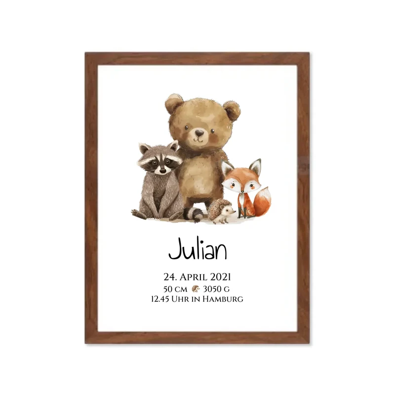 Personalisiertes Kinderposter Geschenk zur Geburt und Taufe - Waldtiere Kinderkissen & Kinderdecke