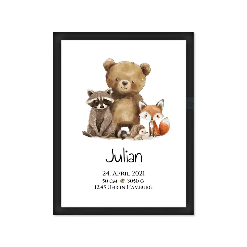 Personalisiertes Kinderposter Geschenk zur Geburt und Taufe - Waldtiere Kinderkissen & Kinderdecke