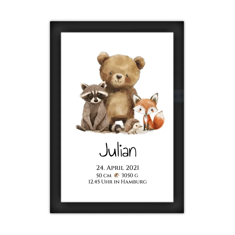 Personalisiertes Kinderposter Geschenk zur Geburt und Taufe - Waldtiere Kinderkissen & Kinderdecke