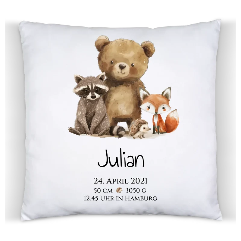 Personalisiertes Kinderposter Geschenk zur Geburt und Taufe - Waldtiere Kinderkissen & Kinderdecke