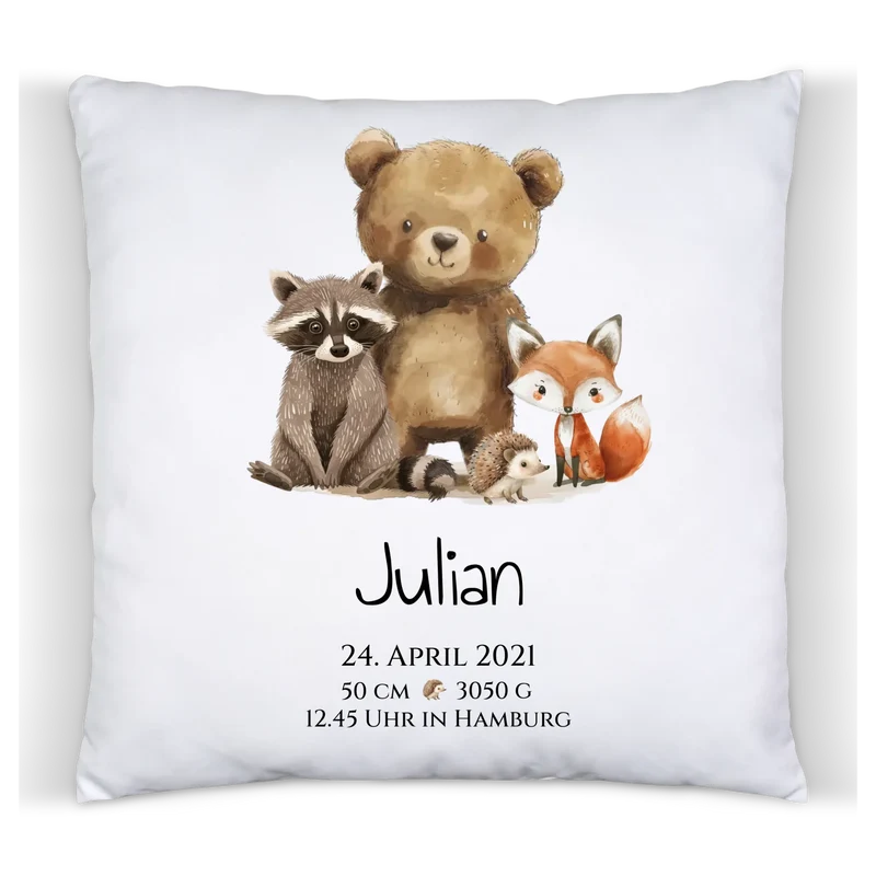 Personalisiertes Kinderposter Geschenk zur Geburt und Taufe - Waldtiere Kinderkissen & Kinderdecke