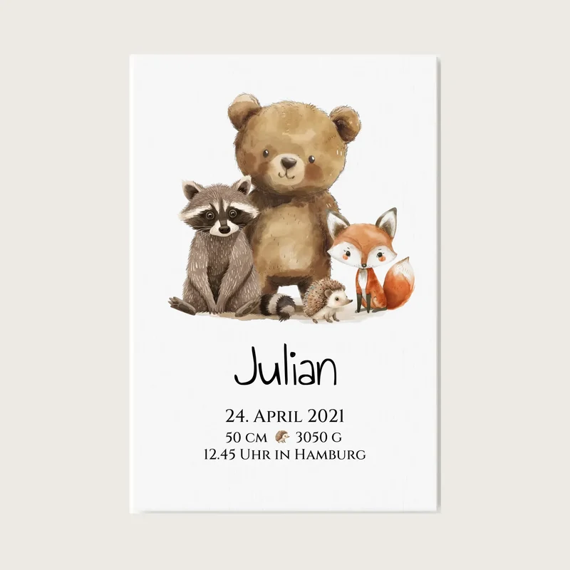 Personalisiertes Kinderposter Geschenk zur Geburt und Taufe - Waldtiere Kinderkissen & Kinderdecke