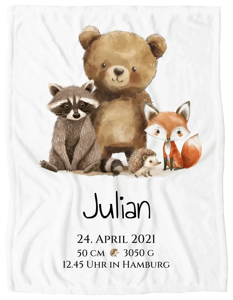 Personalisiertes Kinderposter Geschenk zur Geburt und Taufe - Waldtiere Kinderkissen & Kinderdecke