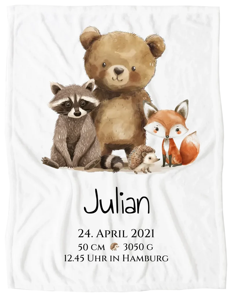 Personalisiertes Kinderposter Geschenk zur Geburt und Taufe - Waldtiere Kinderkissen & Kinderdecke