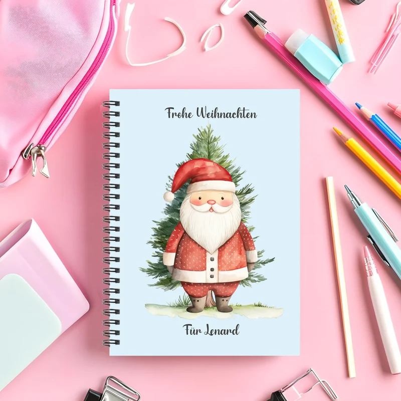 Collegeblock / Notizheft Kinder Weihnachtsgeschenk personalisiert, Hausaufgabenheft Weihnachtsmann