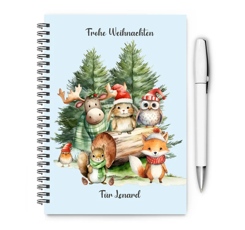 Collegeblock / Notizheft Kinder Weihnachtsgeschenk personalisiert, Hausaufgabenheft Waldtiere
