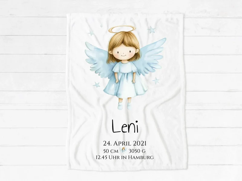 Schutzengel Kuscheldecke personalisiert – Geburtsgeschenk & Taufgeschenk mit Namen