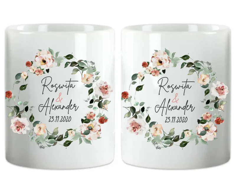 Personalisierte Hochzeitsgeschenk Tasse Blumenkranz Brautpaar, Ehepaar - Idee Hochzeit