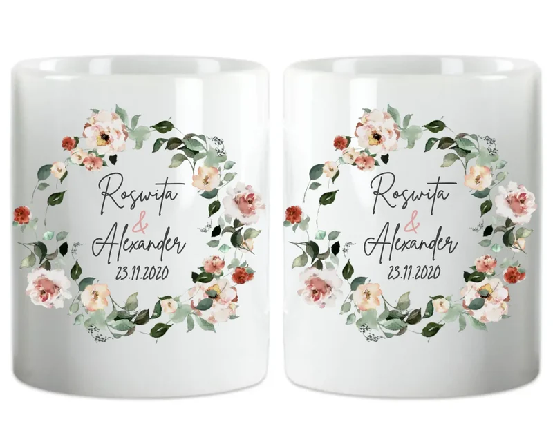 Personalisierte Hochzeitsgeschenk Tasse Blumenkranz Brautpaar, Ehepaar - Idee Hochzeit