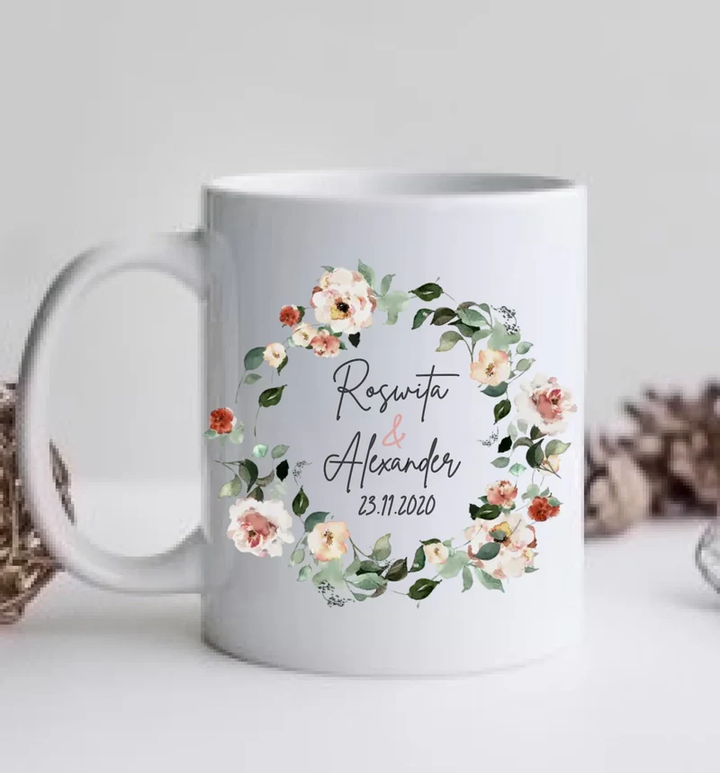 Personalisierte Hochzeitsgeschenk Tasse Blumenkranz Brautpaar, Ehepaar - Idee Hochzeit