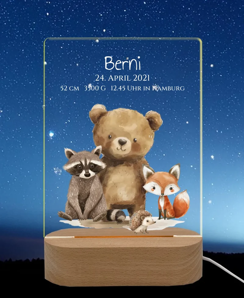 Personalisiertes LED Nachtlicht Waldtiere für Babys zur Gebut & Taufe - Kinderzimmer Deko 3