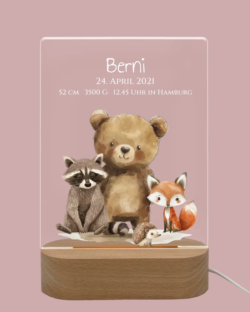Personalisiertes LED Nachtlicht Waldtiere für Babys zur Gebut & Taufe - Kinderzimmer Deko 3