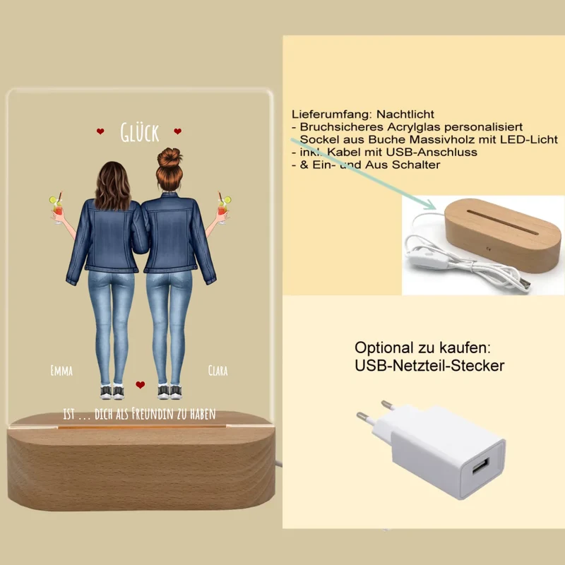 Personalisiertes LED Nachtlicht Beste Freundin Geschenk - Glück ist dich als Freundin zu haben