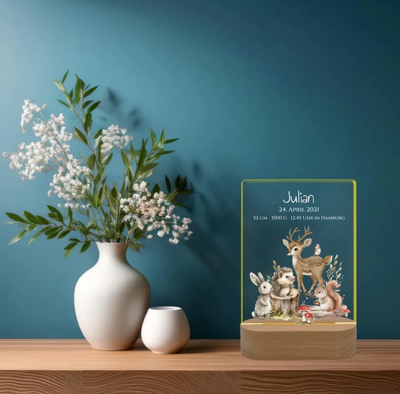 Personalisiertes LED Nachtlicht Waldtiere für Babys zur Gebut & Taufe - Kinderzimmer Deko
