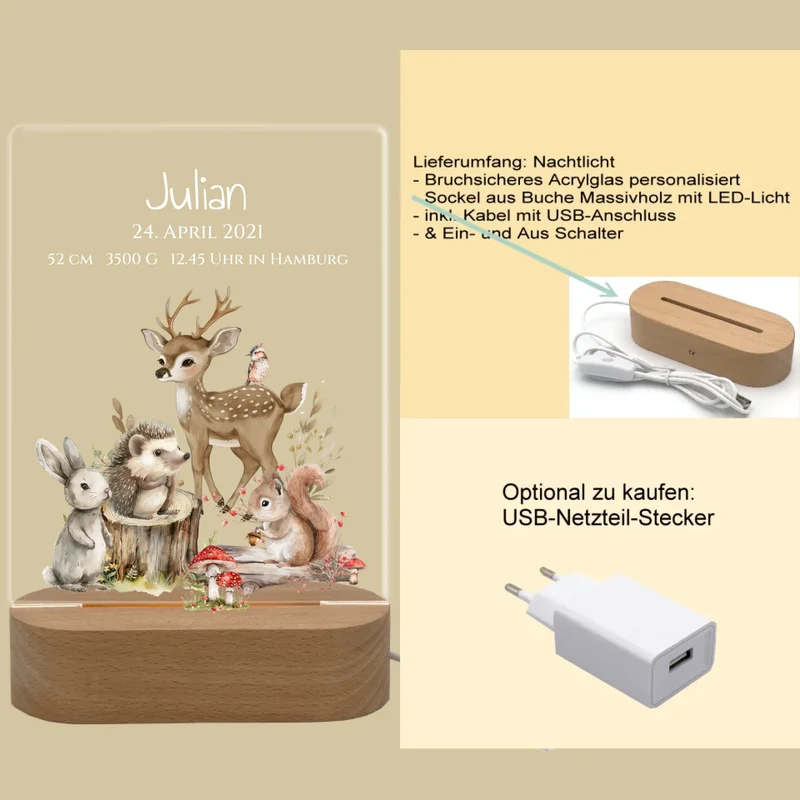 Personalisiertes LED Nachtlicht Waldtiere für Babys zur Gebut & Taufe - Kinderzimmer Deko