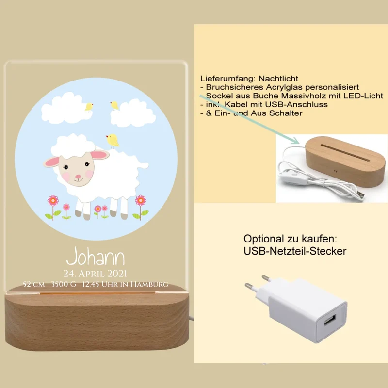 Personalisiertes LED Nachtlicht für Babys zur Gebut & Taufe - Kinderzimmer Deko