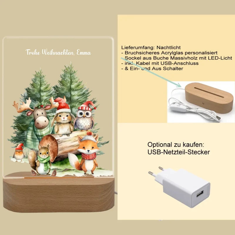 Personalisiertes LED Nachtlicht für Kinder - Frohe Weihnachten - Weihnacht Tiere