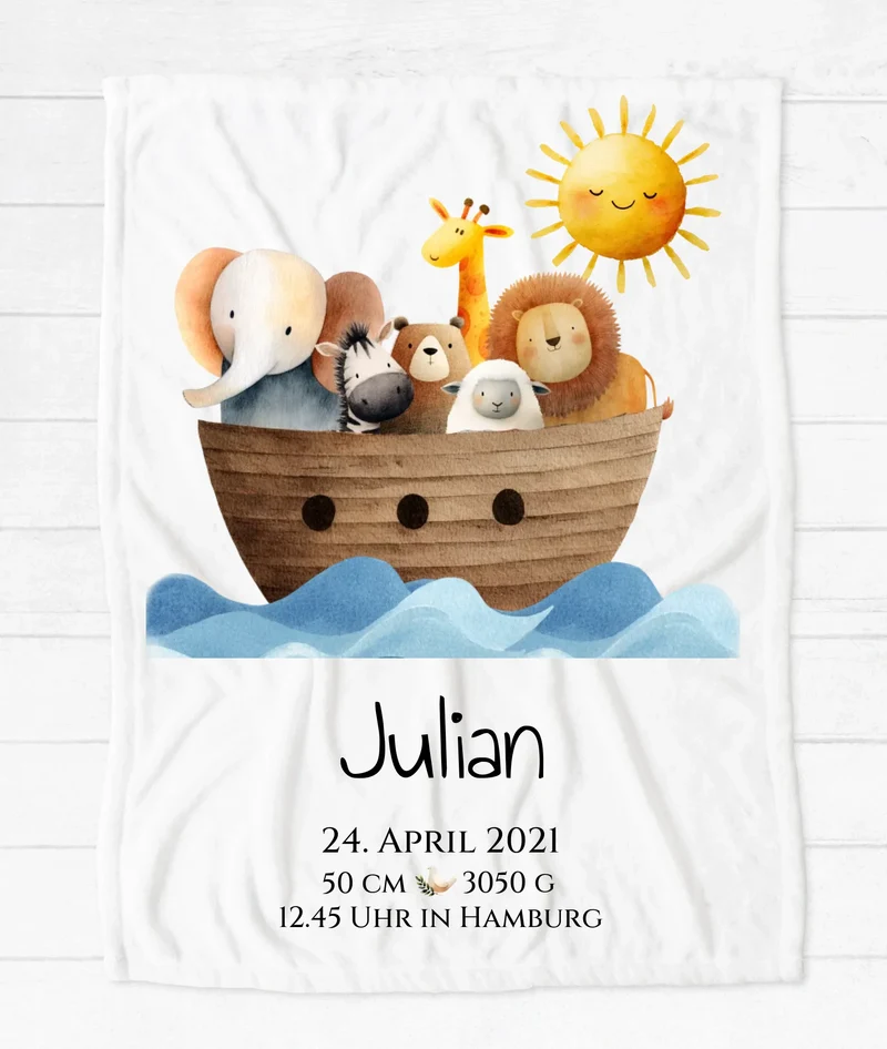 Personalisiertes Geburtsgeschenk / Taufgeschenk: Arche Noah Decke mit Name und Geburtsdaten