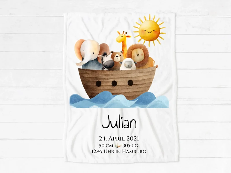 Personalisiertes Geburtsgeschenk / Taufgeschenk: Arche Noah Decke mit Name und Geburtsdaten