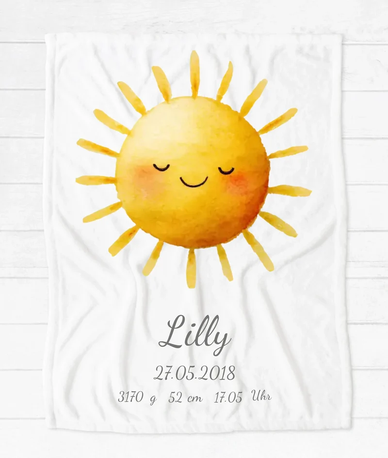 Geschenk zur Geburt / Taufgeschenk personalisiert: Sonne Decke mit Name und Geburtsdaten