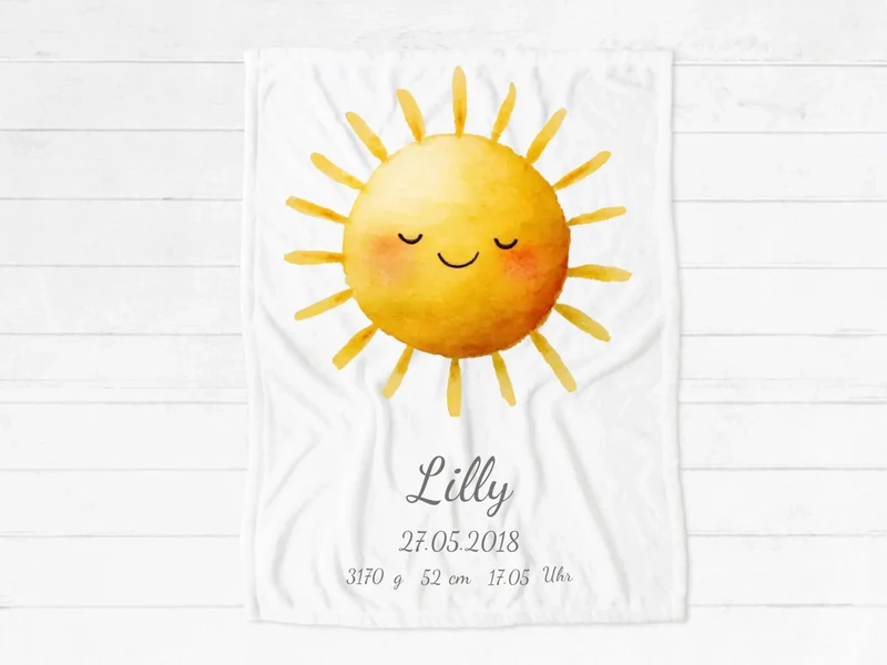 Geschenk zur Geburt / Taufgeschenk personalisiert: Sonne Decke mit Name und Geburtsdaten