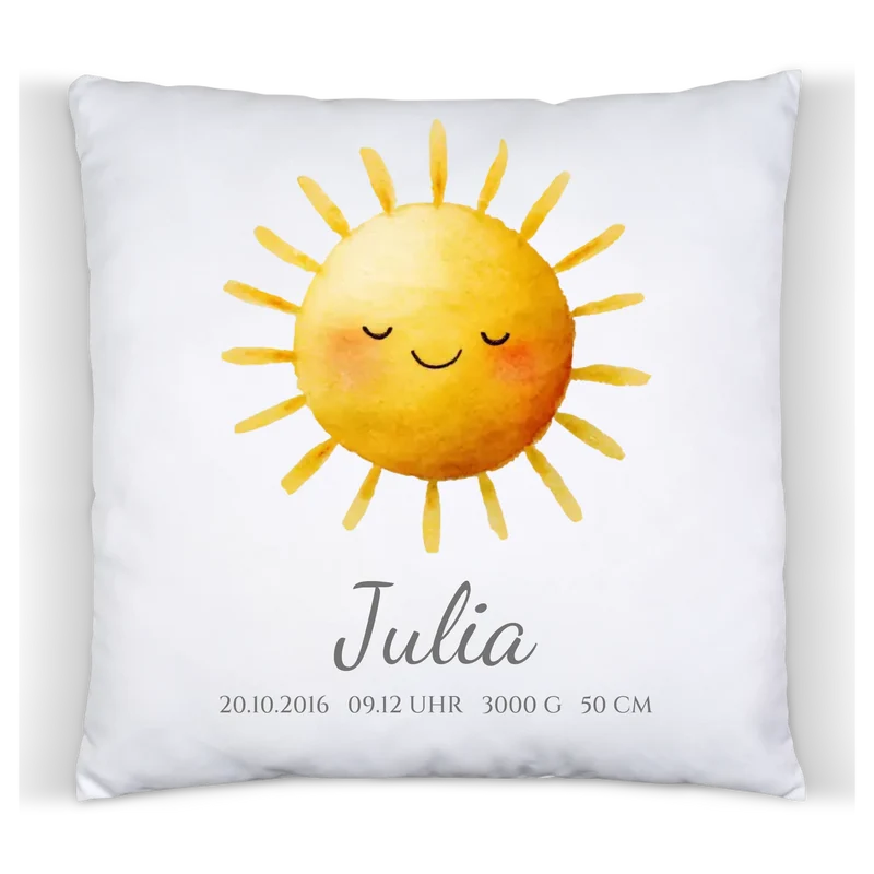 Personalisiertes Geschenk zur Geburt / Taufgeschenk - Sonne Kissen mit Name und Geburtsdaten
