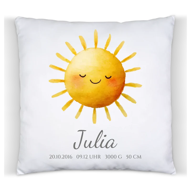 Personalisiertes Geschenk zur Geburt / Taufgeschenk - Sonne Kissen mit Name und Geburtsdaten
