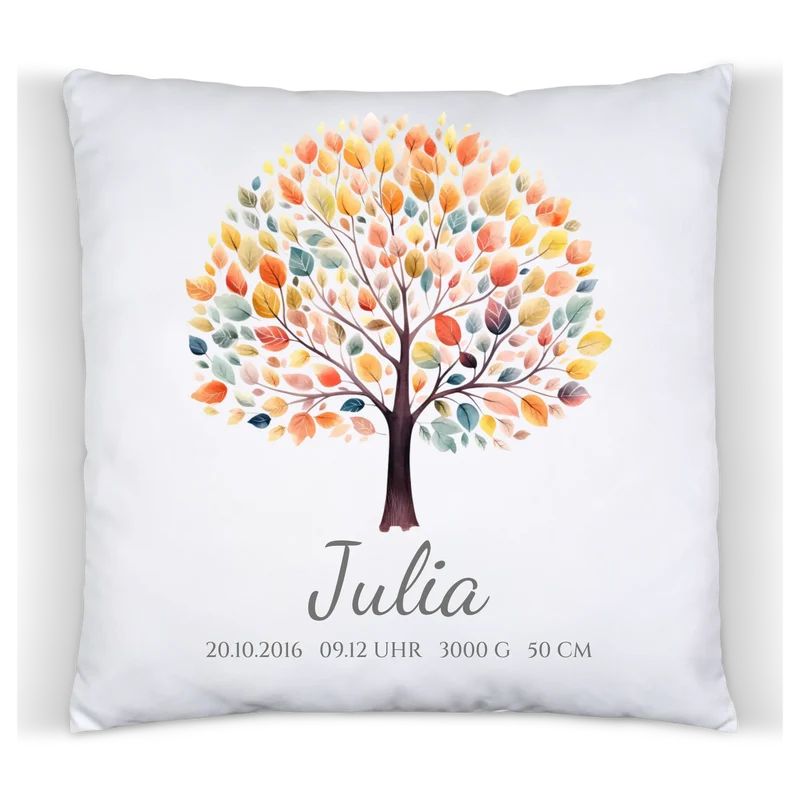Lebensbaum - Personalisiertes Geburtsgeschenk / Taufgeschenk - Kissen mit Name und Geburtsdaten