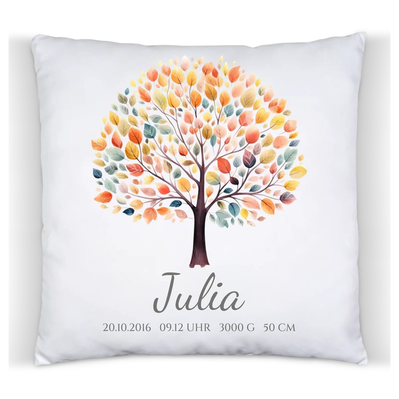 Lebensbaum - Personalisiertes Geburtsgeschenk / Taufgeschenk - Kissen mit Name und Geburtsdaten
