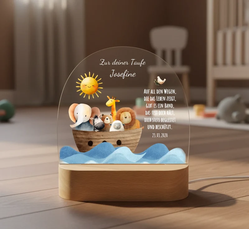 Zur Taufe Taufgeschenk Mädchen / Junge - Personalisiertes Baby & Kinder LED Nachtlicht Arche Noah - Geschenk Geburt 2