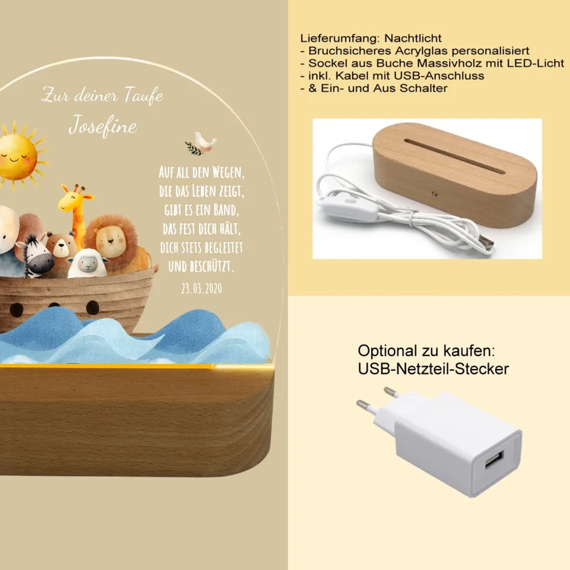 Zur Taufe Taufgeschenk Mädchen / Junge - Personalisiertes Baby & Kinder LED Nachtlicht Arche Noah - Geschenk Geburt 2
