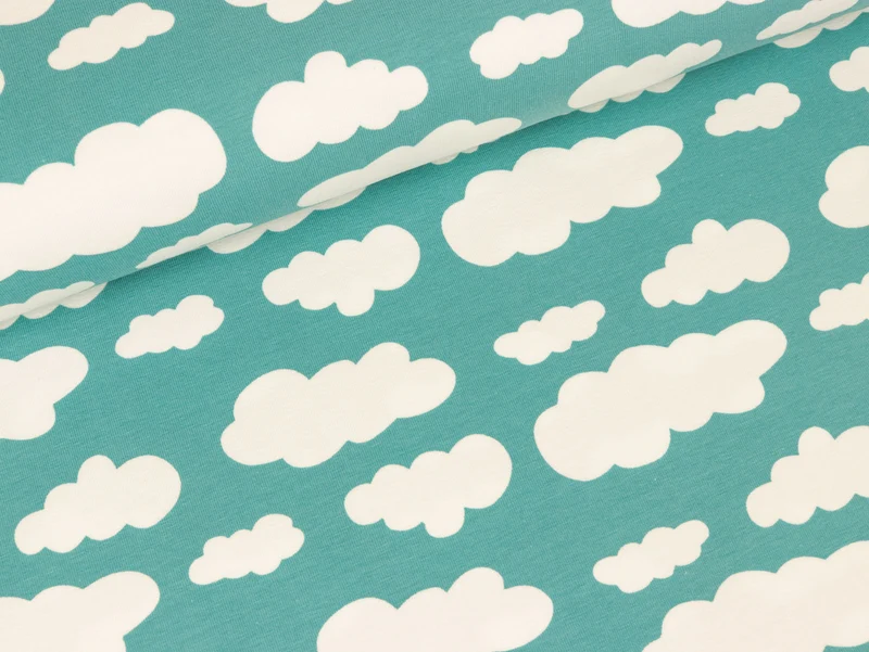Reststück 100cm - Baumwolljersey Verena Wolken weiß auf Oldmint