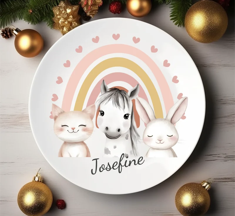 Kinderteller Regenbogen mit Namen & Farmtieren personalisiert, Kindergeschirr Geschenk zur Taufe, Geburt, Geburtstag und Weihnachten 2 copy