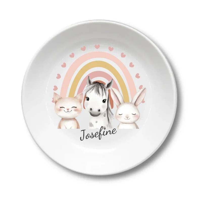 Kinderteller Regenbogen mit Namen & Farmtieren personalisiert, Kindergeschirr Geschenk zur Taufe, Geburt, Geburtstag und Weihnachten 2 copy