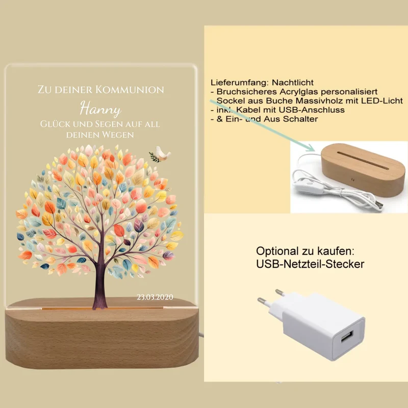 Zur Kommunion / Konfirmation / Taufe oder Geburt. Personalisiertes Kinder oder Baby - LED Nachtlicht Lebensbaum