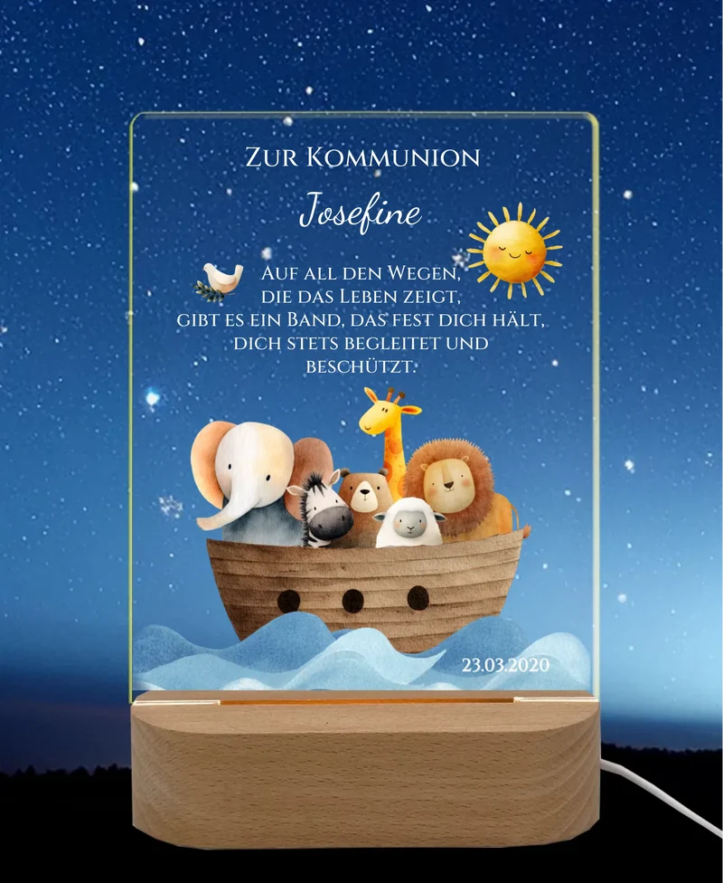 Zur Kommunion / Konfirmation / Taufe oder Geburt. Personalisiertes Kinder oder Baby - LED Nachtlicht Arche Noah.