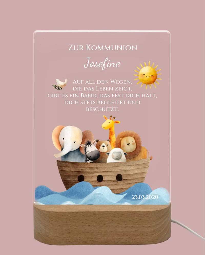 Zur Kommunion / Konfirmation / Taufe oder Geburt. Personalisiertes Kinder oder Baby - LED Nachtlicht Arche Noah.