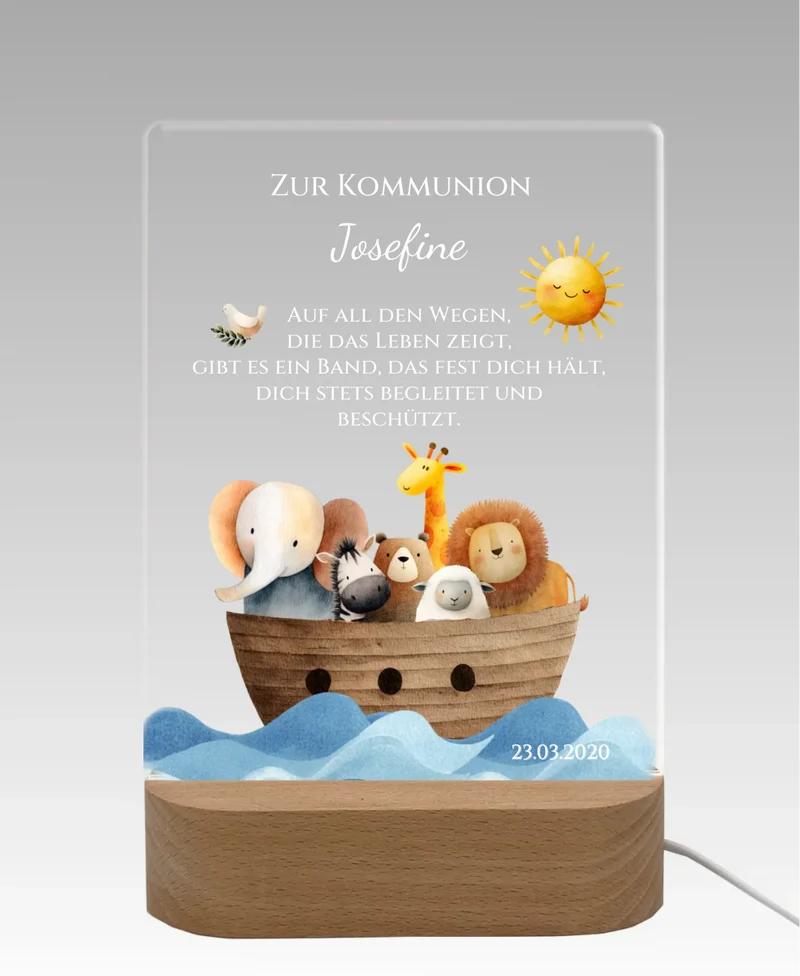 Zur Kommunion / Konfirmation / Taufe oder Geburt. Personalisiertes Kinder oder Baby - LED Nachtlicht Arche Noah.