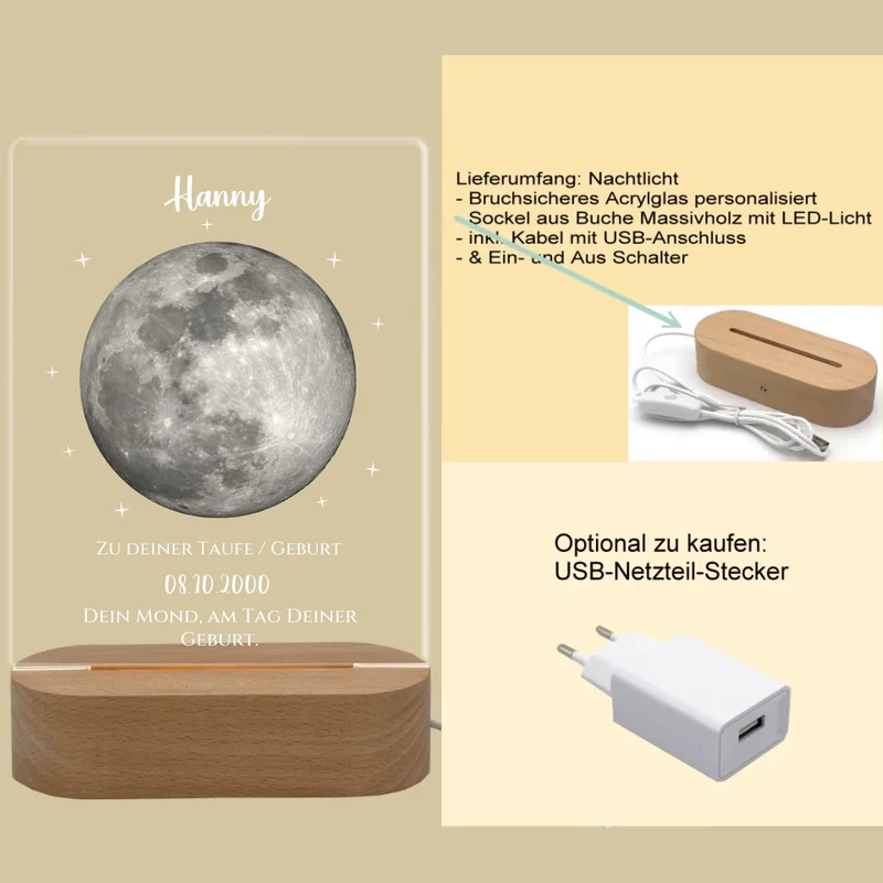 Zur Taufe Taufgeschenk / Geburtsgeschenk - Personalisiertes Baby & Kinder - LED Nachtlicht DEIN MOND