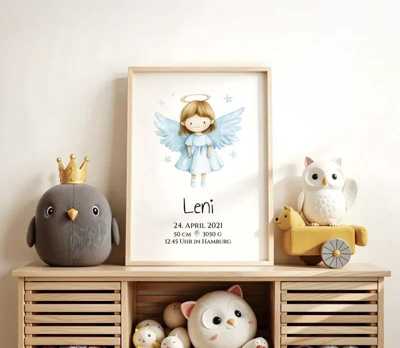 Personalisiertes Babygeschenk zur Geburt & Taufe mit Schutzengel, Geburtdaten oder Taufdaten - Taufgeschenk